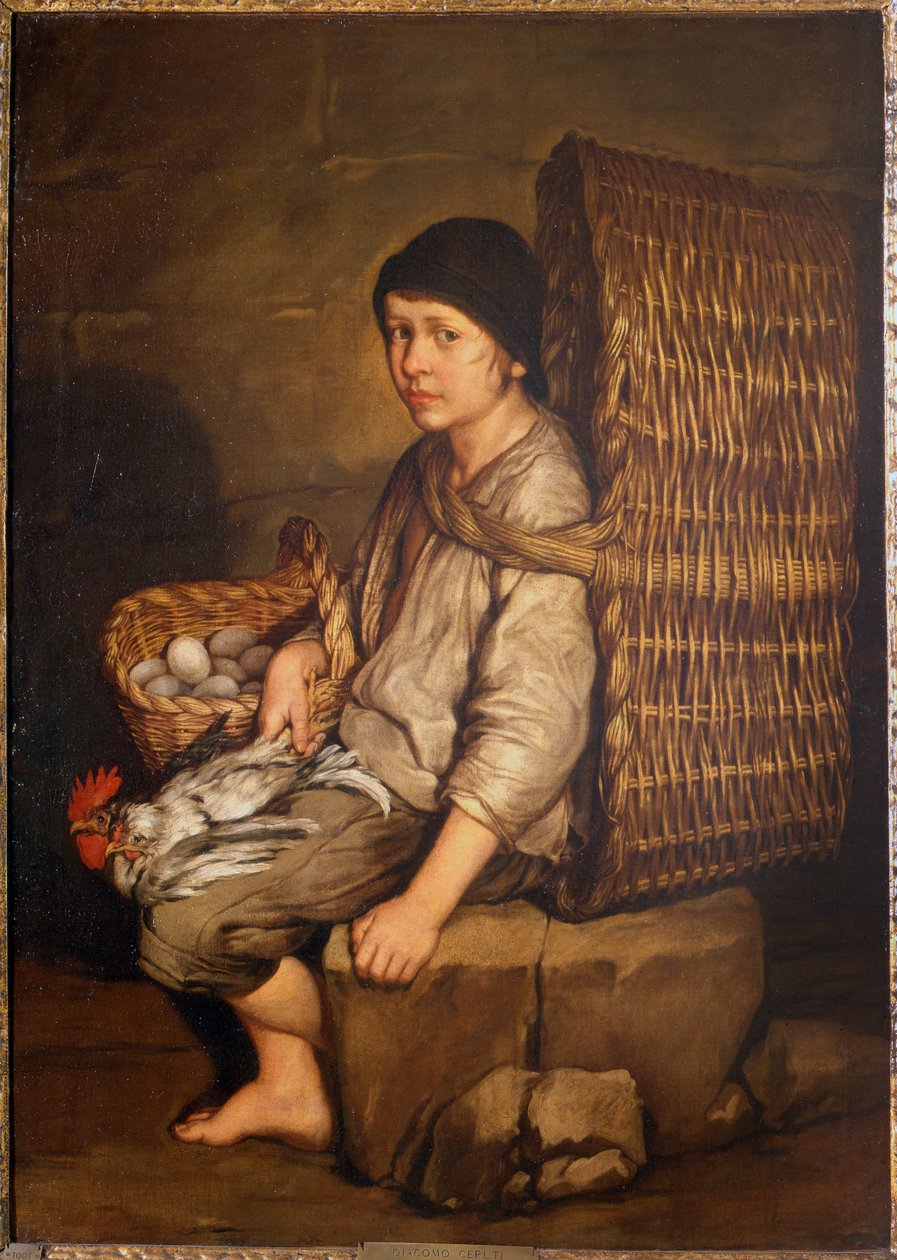 Errand fiú ül, kosárral a hátán, tojással és baromfival, 1735 körül (olaj, vászon) alkotó: Giacomo Ceruti