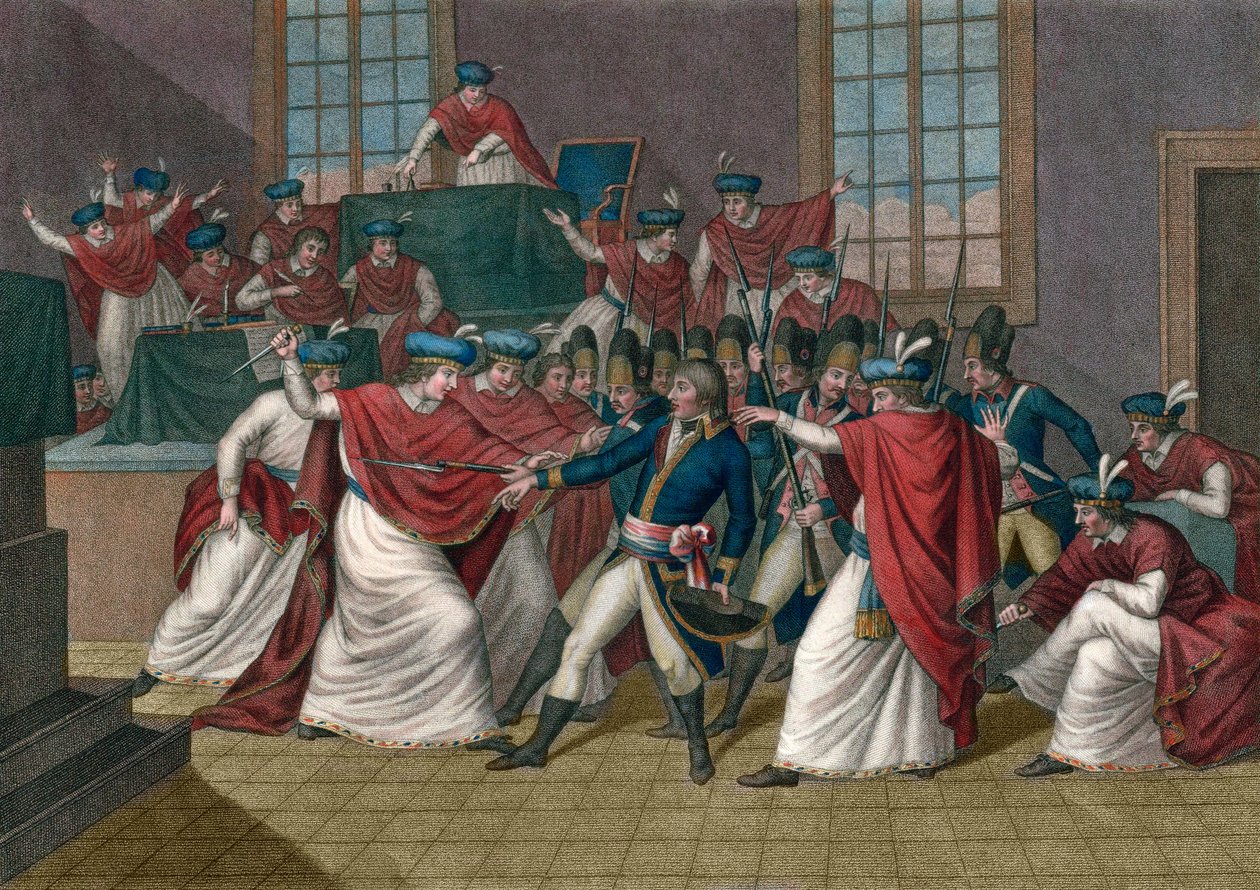 Brumaire 18-i államcsíny (1799. november 9.). Bonparte Napóleon (1769-1821) megdöntötte a direktóriumot, és első konzul lett – VIII. év – Le 19 brumaire VIII. év (1799. november 10.), Bonaparte feloszlatta az Ötcentek Tanácsát. alkotó: Giacomo Aliprandi