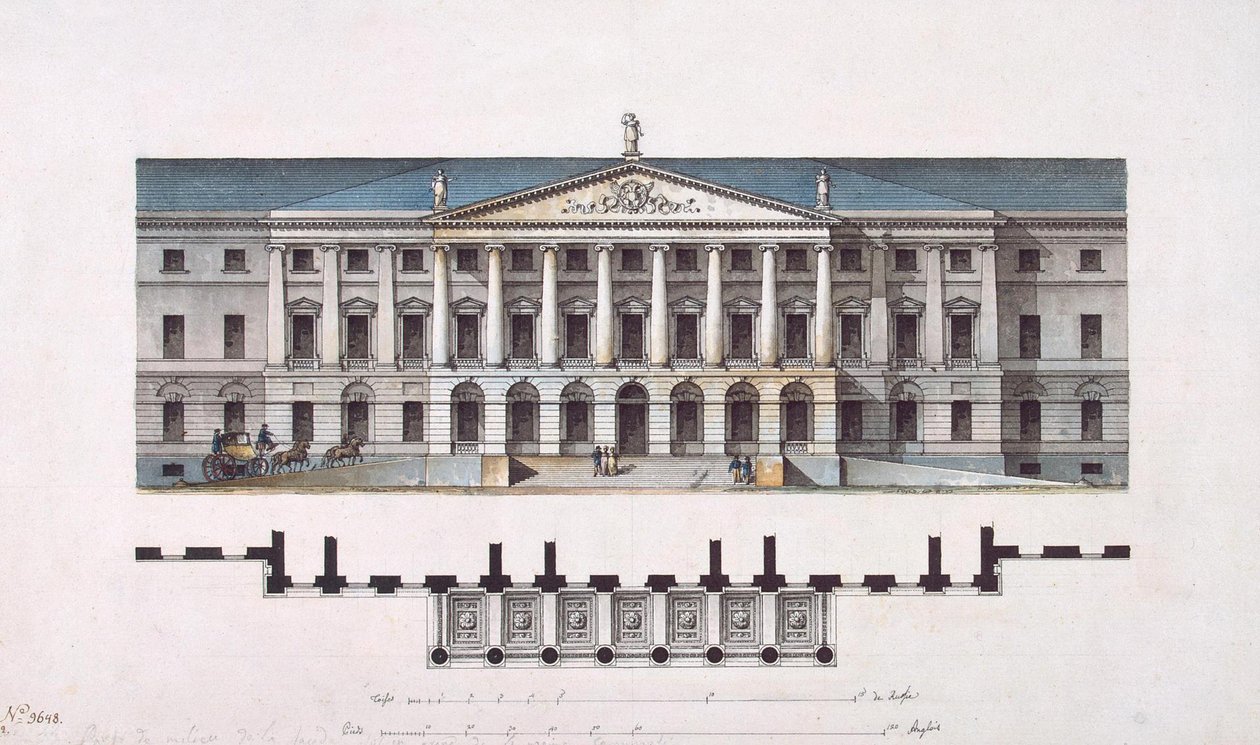 A Szmolnij Intézet projektje. A főhomlokzat és a földszinti alaprajz, 1806-1808 alkotó: Giacomo Antonio Domenico Quarenghi