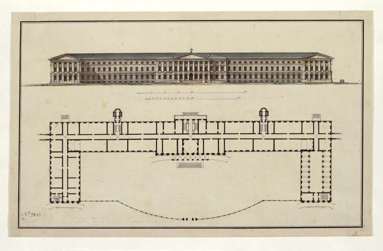 A Szmolnij Intézet projektje. A főhomlokzat és a földszinti alaprajz, 1806-1808 alkotó: Giacomo Antonio Domenico Quarenghi