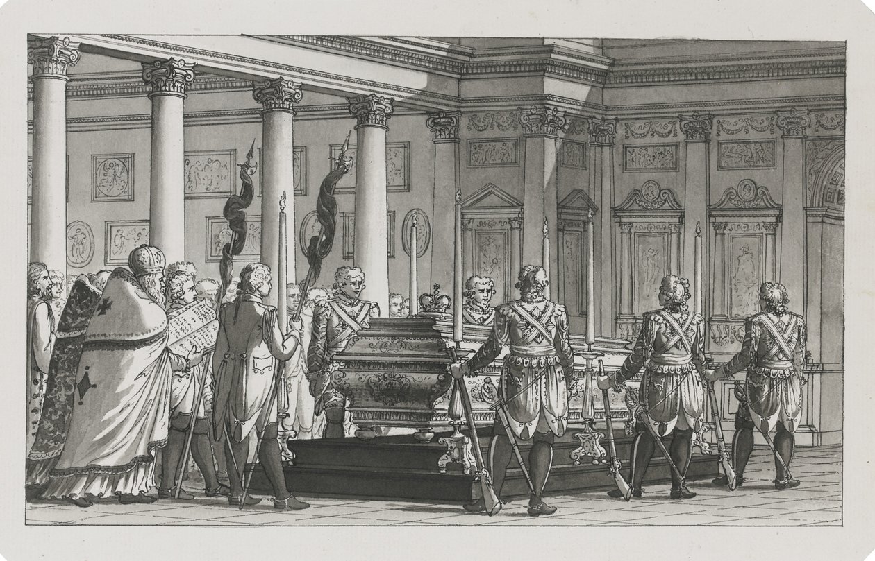 I. Pál császár díszőrséggel az államban fekszik alkotó: Giacomo Antonio Domenico Quarenghi