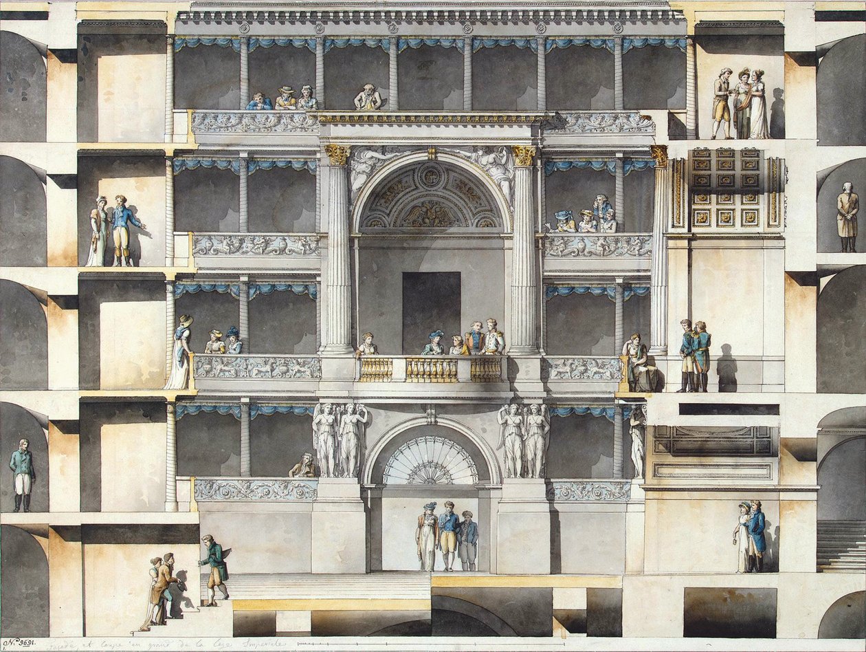 A szentpétervári császári Bolsoj Kamenny Színház. A nézőtér részei a cári páholyal, alkotó: Giacomo Antonio Domenico Quarenghi