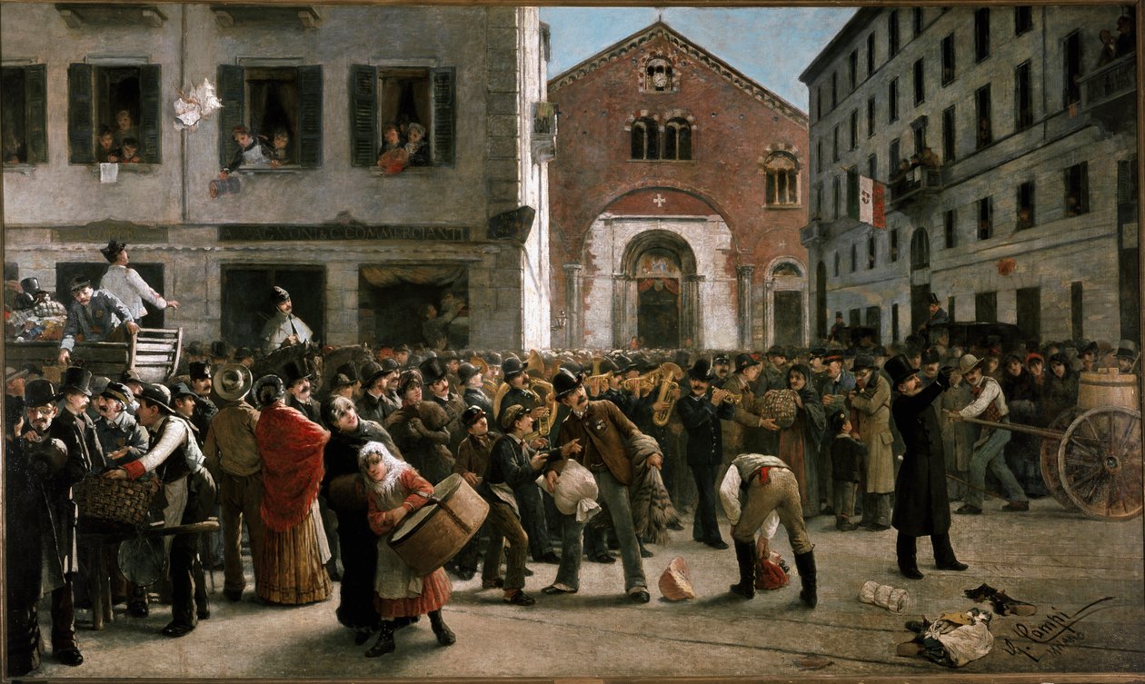 Adománygyűjtés a milánói corso Garibaldiban a Verona melletti árvíz áldozatai számára, 1882. december 24. (Festmény alkotó: Giacomo Campi