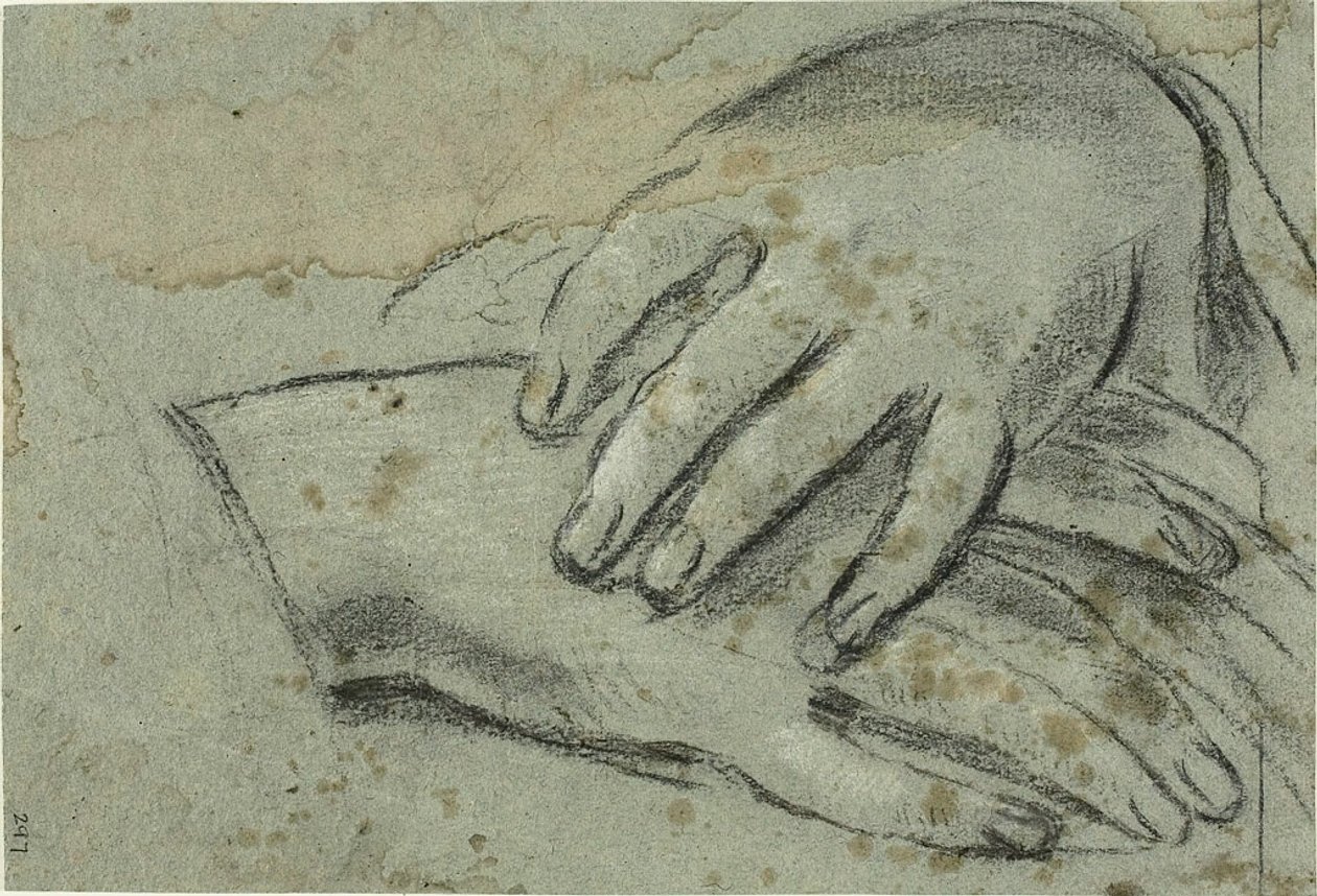 Keresztbe tett kezek (recto); jobb láb, drapéria által részben fedett (verso) alkotó: Giacomo Cavedone