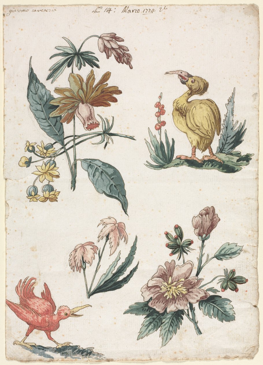 Virágminták két madárral, 1774. alkotó: Giacomo Cavenezia