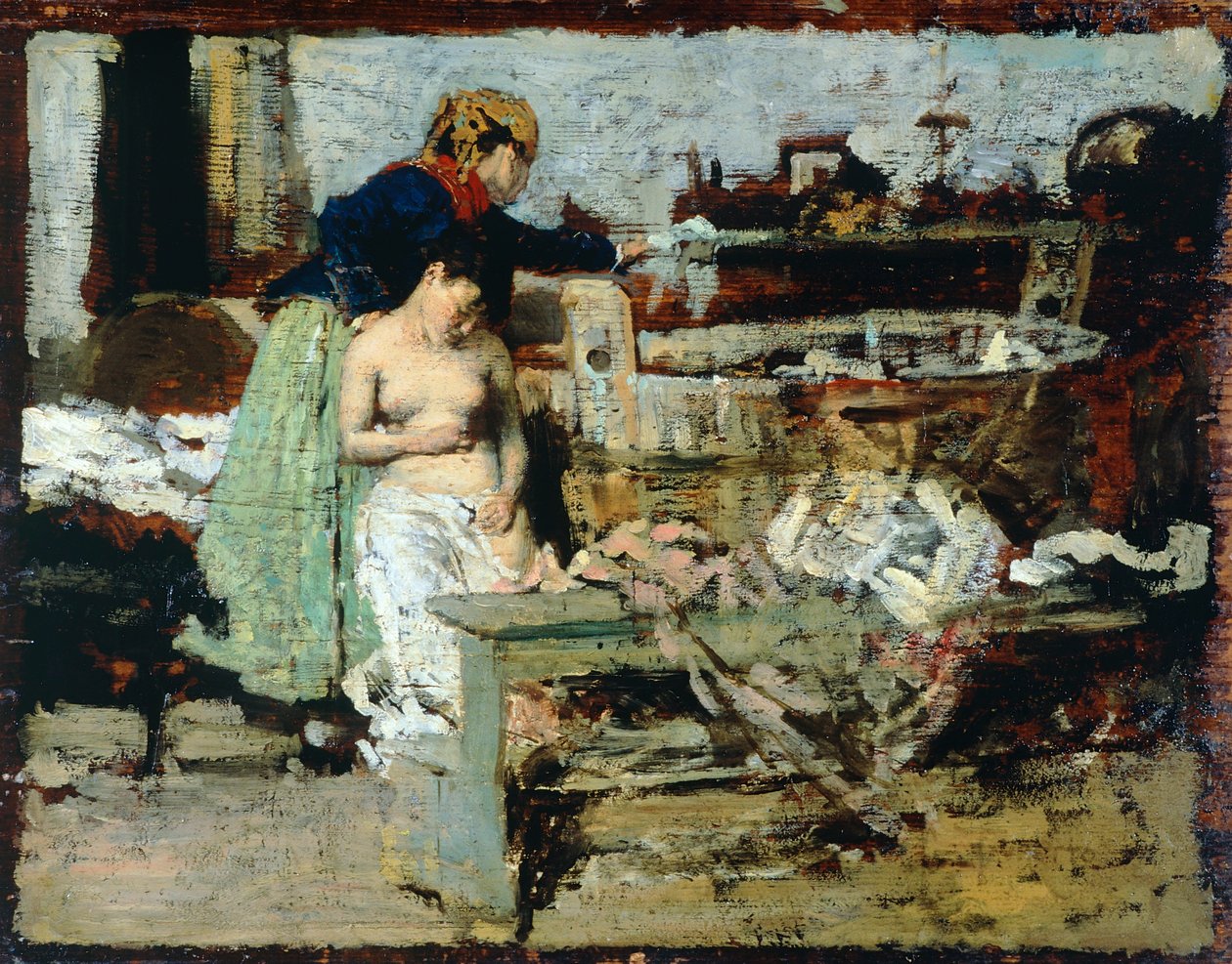 Fürdés után (olaj a fán) alkotó: Giacomo Favretto