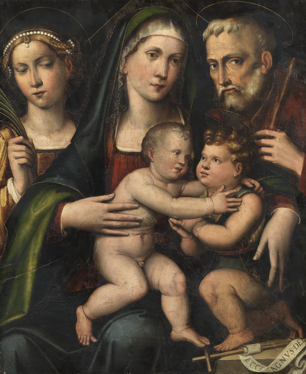 Szent Család a csecsemő Szent Jánossal és Szent Katalinnal, 1530 körül alkotó: Giacomo Francia