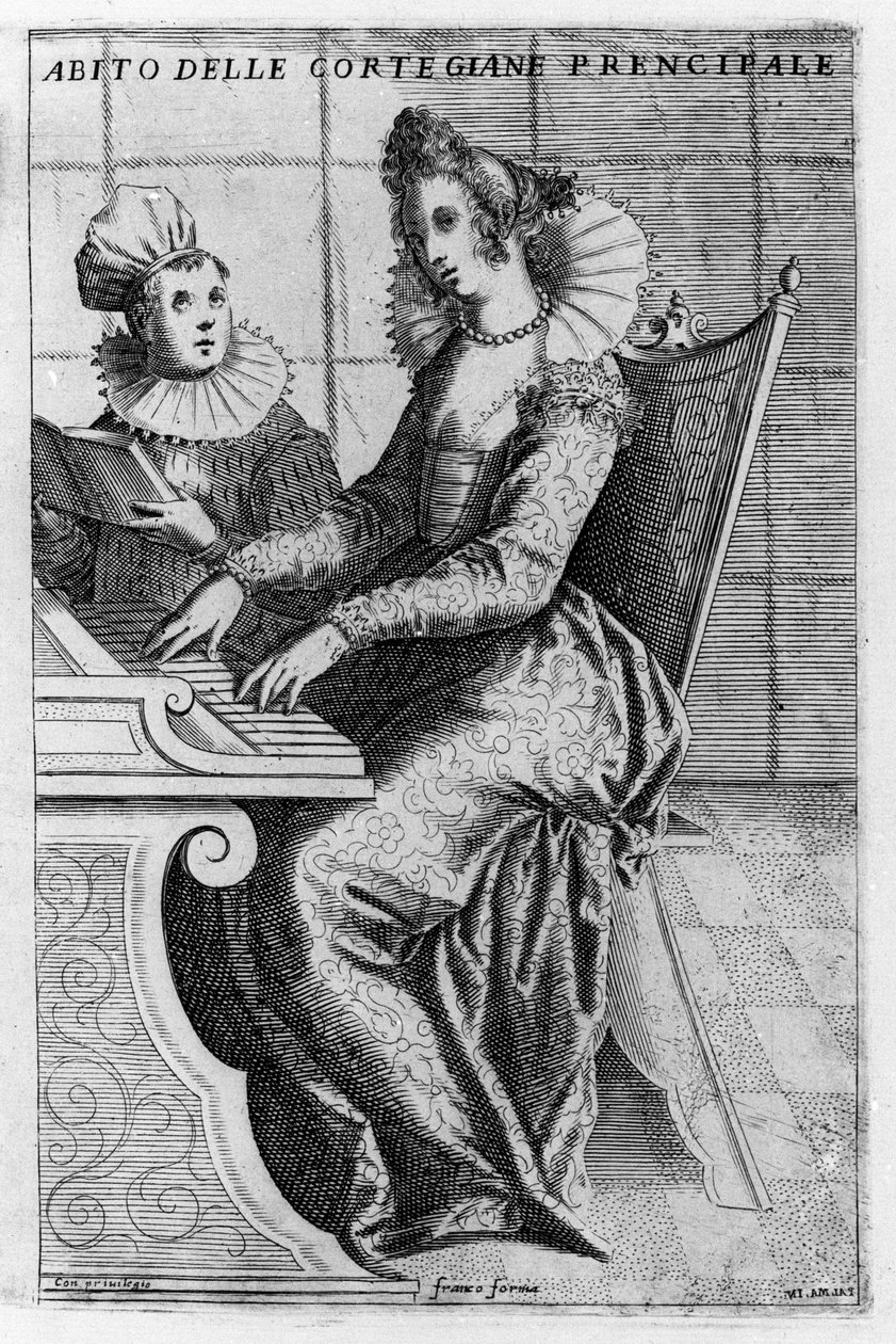 Egy udvarhölgy elegáns ruhában zongorázik. Giacomo Franco (1550-1620) metszete „Velence, felhasználások és szokások” 1597 körül. alkotó: Giacomo Franco