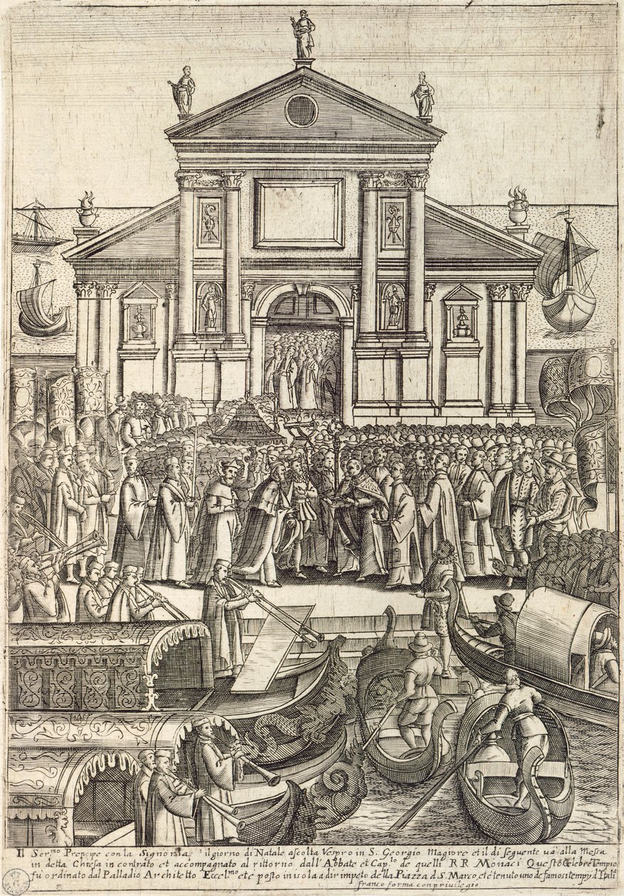 A dózse és kísérete a vesperát hallgatja karácsony napján a velencei San Giorgio Maggiore templomban alkotó: Giacomo Franco