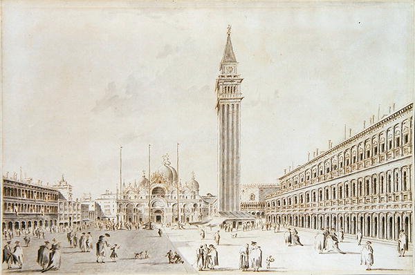 Kilátás a Piazza San Marco-ra, kilátással a Bazilikára és a Campanile-ra (toll és tinta mosással papíron) alkotó: Giacomo Guardi