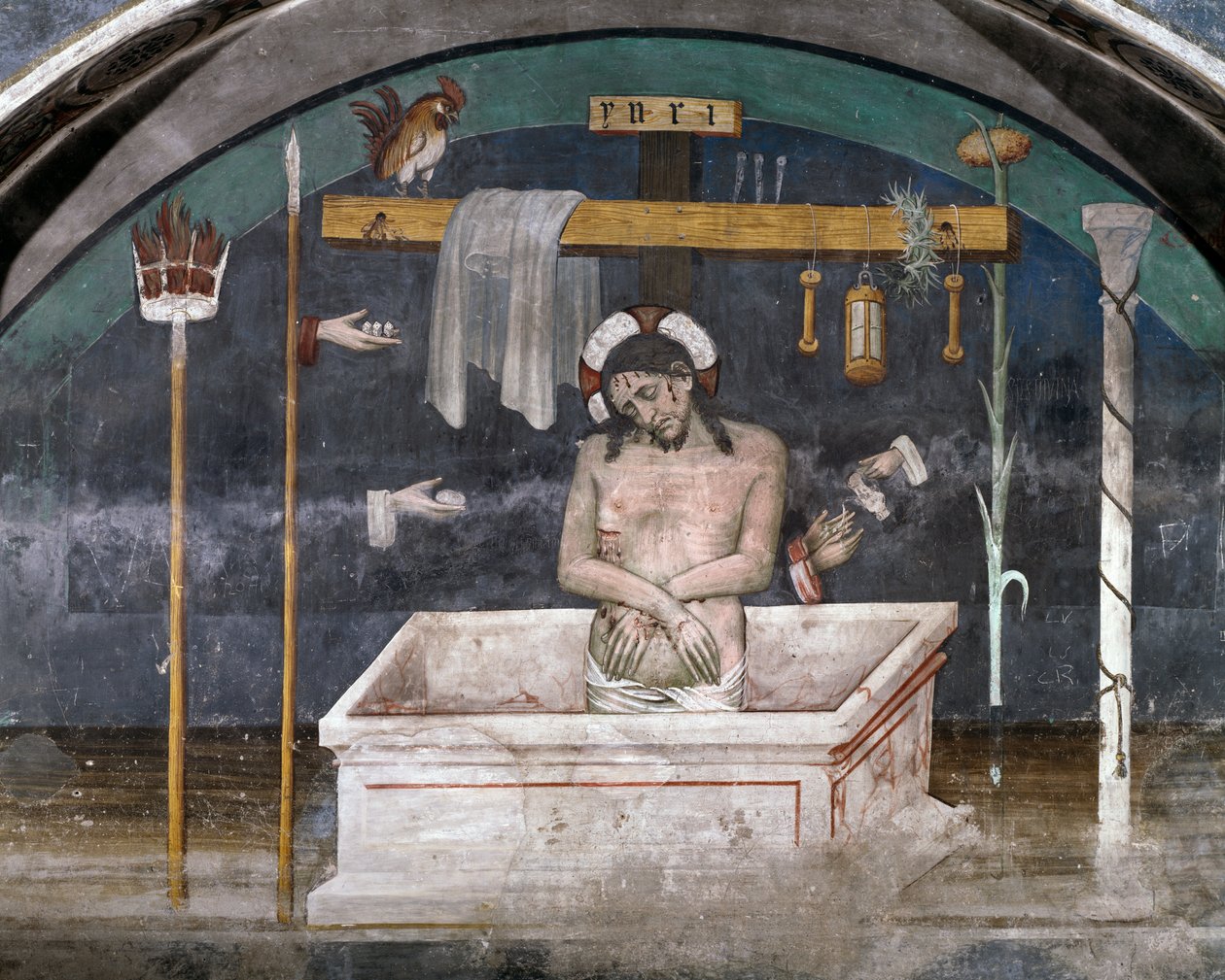 Krisztus a szenvedély szimbólumaival körülvéve, Giacomo Jaqueerio (1375-1453) freskója, Ranversói Szent Antal apátság, Buttigliera Alta, Piemont, Olaszország alkotó: Giacomo Jaquerio