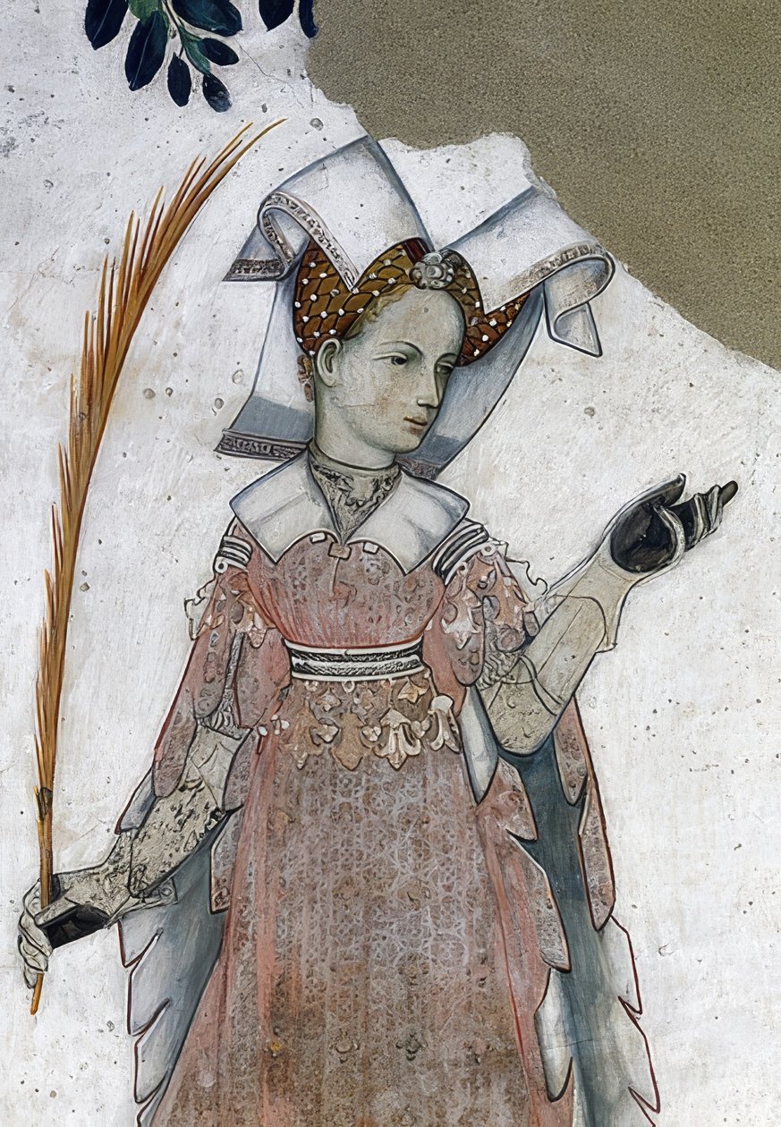 Saluzzo márki és feleségeik történelmi és mitológiai hősként és hősnőként való ábrázolása. Részlet: Marguerite de Roussy, III. Tommaso felesége. mint Teuca. 1418-30 alkotó: Giacomo Jaquerio