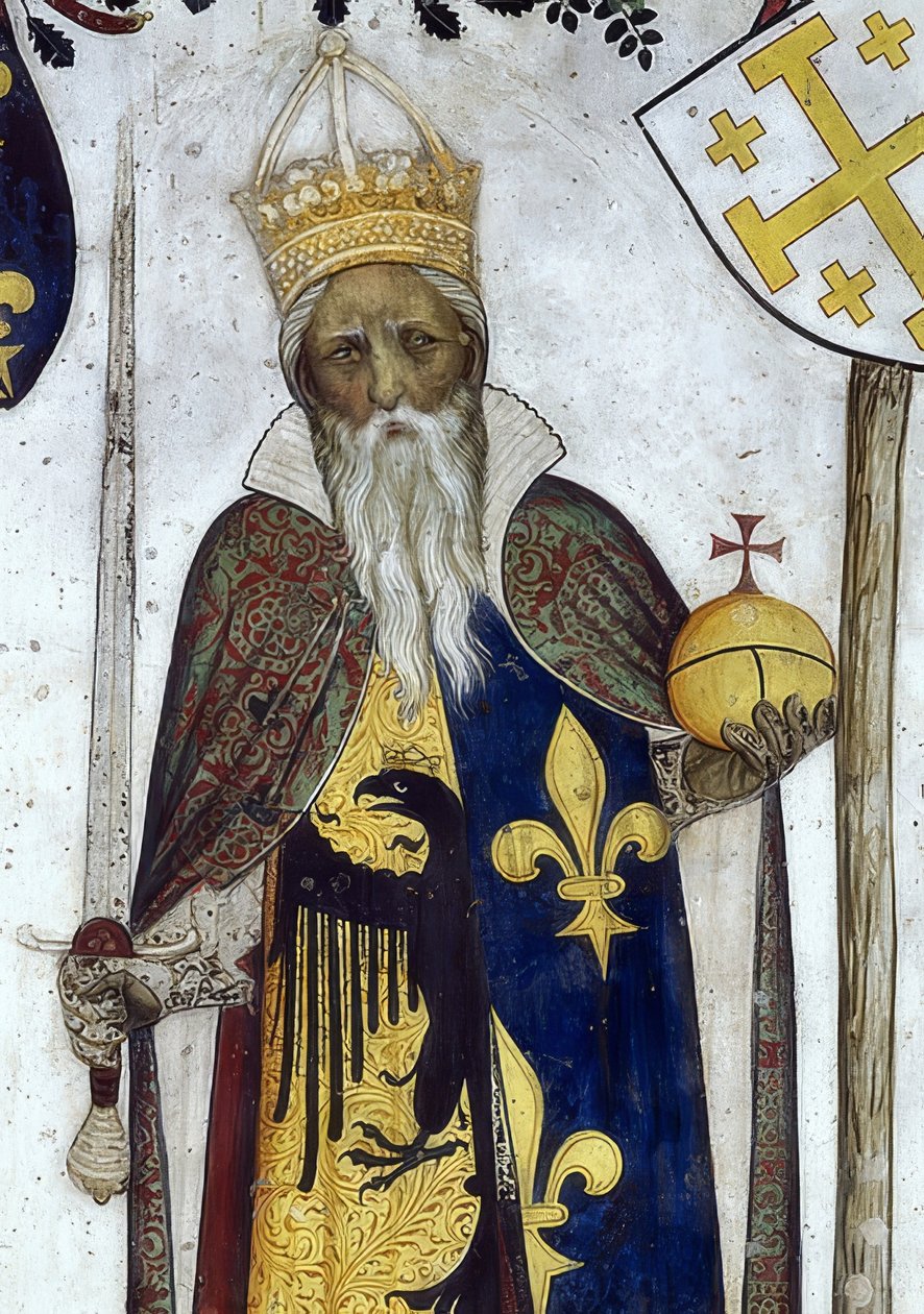Saluzzo márki és feleségeik történelmi és mitológiai hősként és hősnőként való ábrázolása. Részlet: Manfredo III. mint Nagy Károly. 1418-30 alkotó: Giacomo Jaquerio