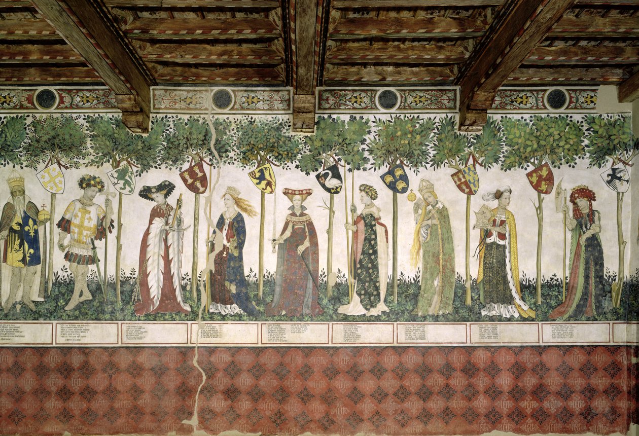 A kilenc méltóság és a kilenc méltóságos nő, Nagy Károly, Godfrey de Bouillon, Delphine, Iynoppe, Hippolyte, Menalyppe, Semiramis, Lampeto és Tamyris részlete, 1418-30. alkotó: Giacomo Jaquerio