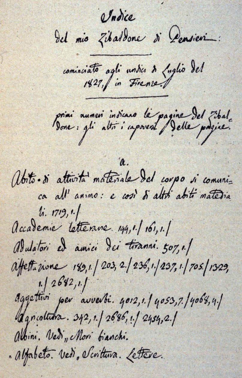 Giacomo Leopardi (1798-1837) a Zibaldone (vagy „Pensieri”) kéziratának incipituma. 1817-1832 alkotó: Giacomo Leopardi
