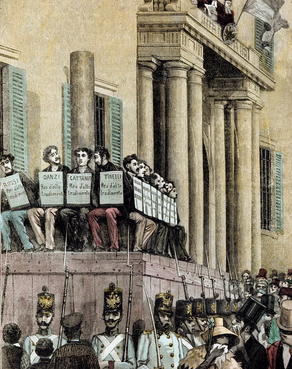 Risorgimento: „” a Giovine Italia mozgalom tagjai (köztük Carlo Cattaneo (1801-1869), Tinelli, Danzi, Bussi) a milánói Igazságügyi Palota előtt ülve hallgatják az őket 1848-ban száműzetésre ítélő ítéletet”” 1884 Manteg litográfiája alkotó: Giacomo Mantegazza