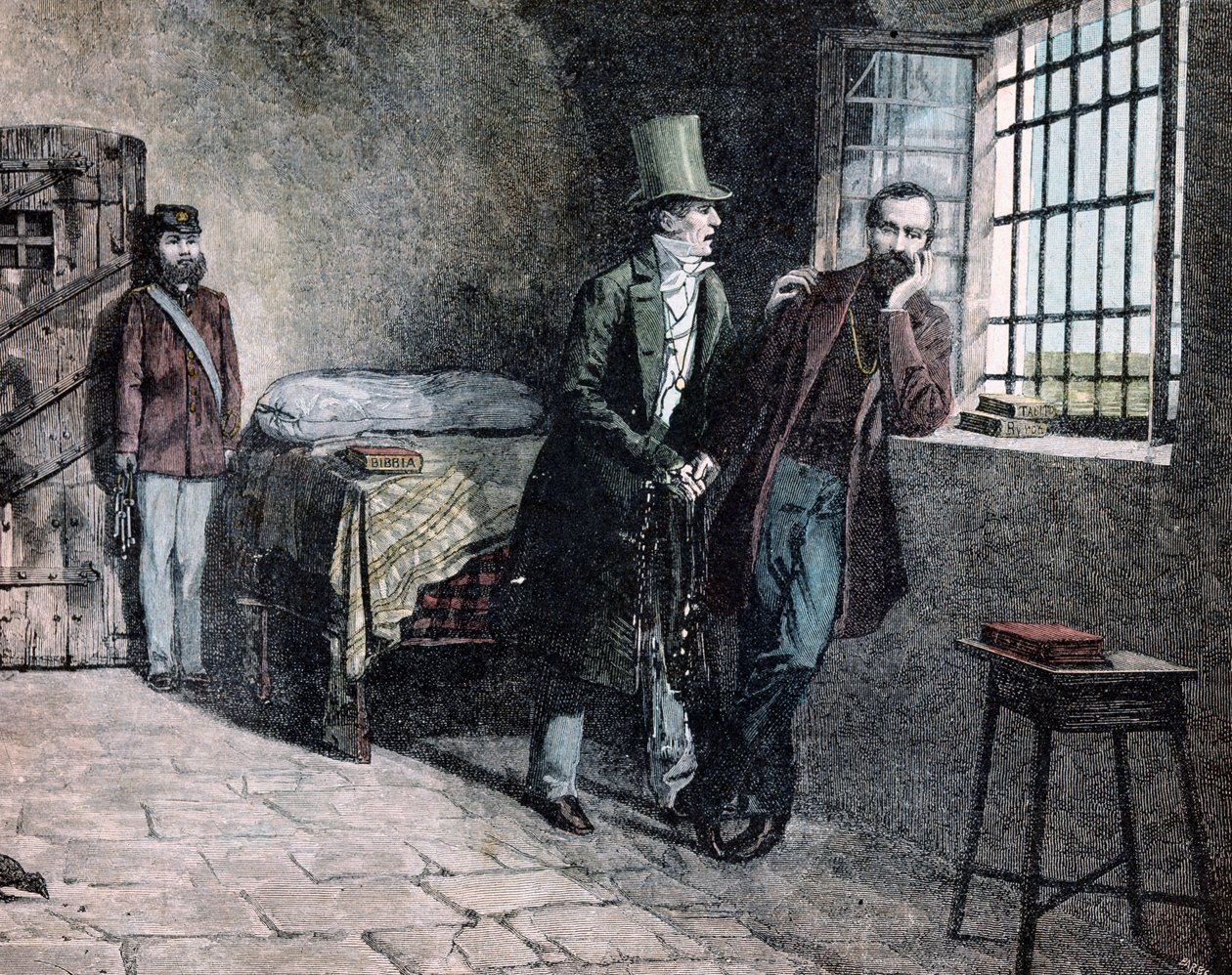 Risorgimento: „” az 1830-ban Savonában bebörtönzött olasz hazafi, Giuseppe Mazzini (1805-1872) találkozik apjával, aki arra készteti, hogy elhagyja Szardínia államait”” Giacomo Mantegazza (1853-1920) metszete 1884 Magángyűjtemény alkotó: Giacomo Mantegazza