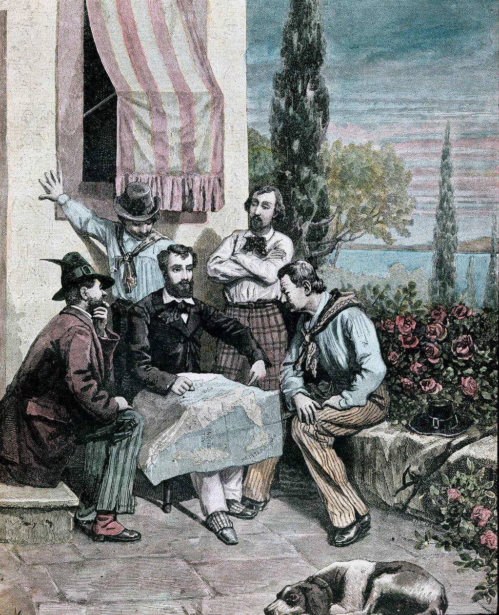 Risorgimento: a korfui (Korfu) száműzöttek, akiknek testvérei Attilio Bandiera (1810-1844) és Emilio Bandiera (1819-1844) egy olasz térképet tanulmányoznak, hogy expedíciót indítsanak. 1884-es metszet a Mantegazza Magángyűjteménytől alkotó: Giacomo Mantegazza