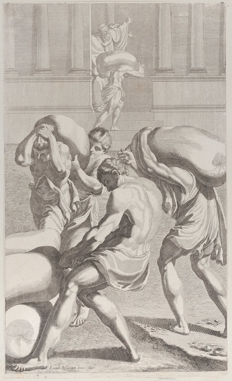 Férfiak, akik ólomzsákokat hoznak a Szent Benedek kolostorba, 1687-1717. alkotó: Giacomo Maria Giovannini