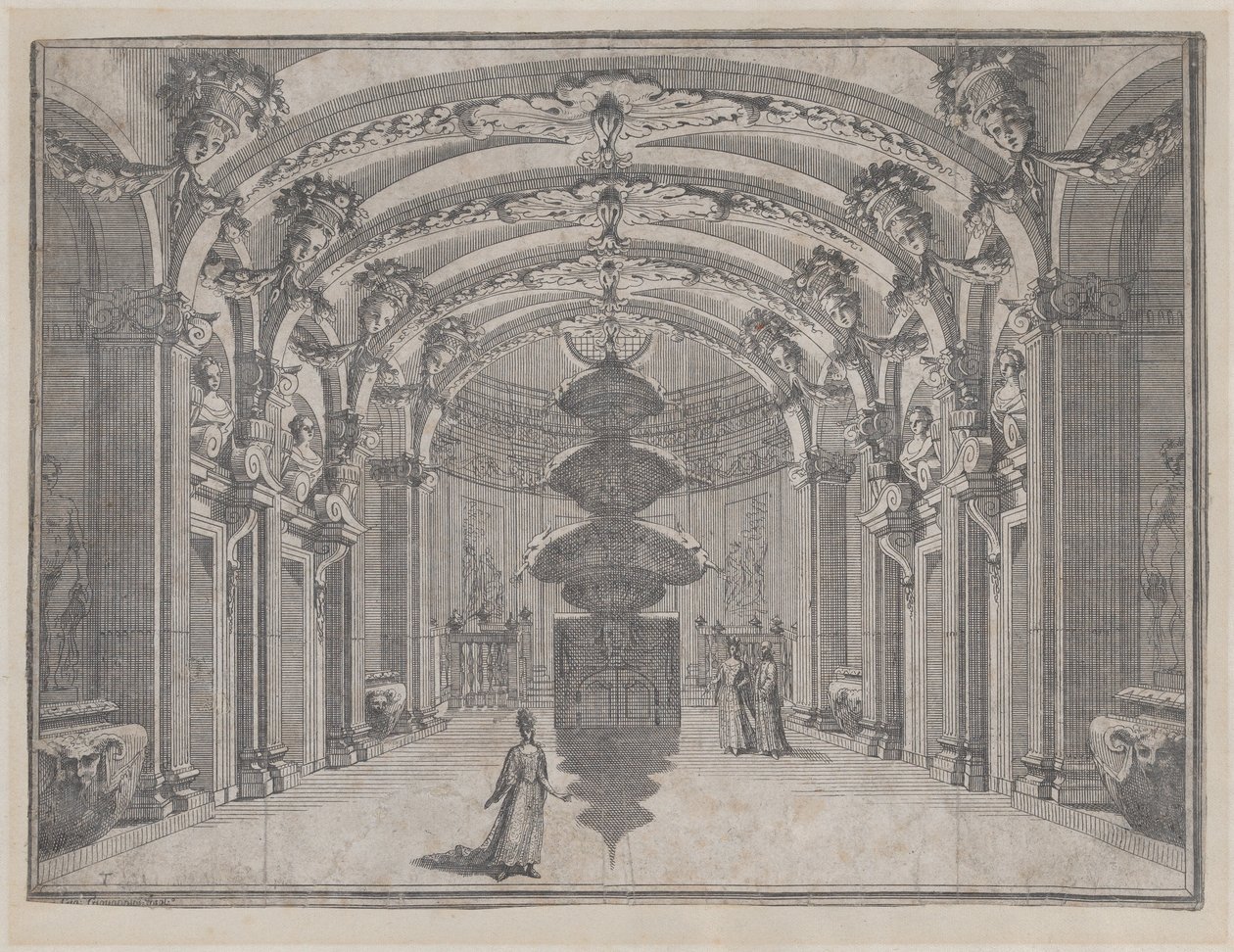 Színházi jelenet egy nagyteremben, boltíves mennyezettel és központi szoborral, ..., kb. 1687-1717. alkotó: Giacomo Maria Giovannini