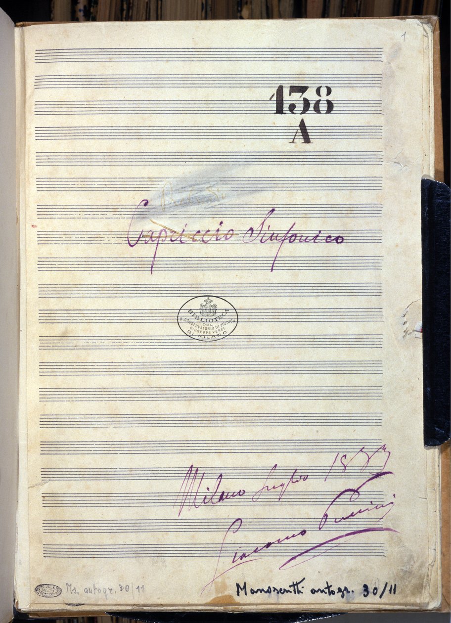 Giacomo Puccini (1858-1924) zeneszerző: "" Symphonic Caprice "" "(Symphonic Caprice") kéziratos kotta 1883. A milánói Giuseppe Verdi Konzervatórium könyvtára alkotó: Giacomo Puccini