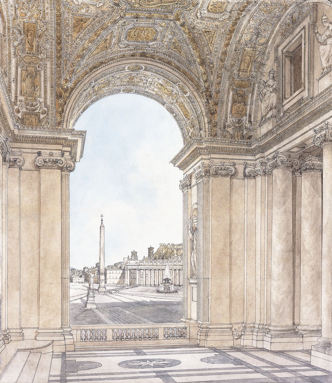 Kilátás a Piazza San Pietro-ra, Rómában délre nézve a Bazilika portikójából, 1779 előtt alkotó: Giacomo Quarenghi