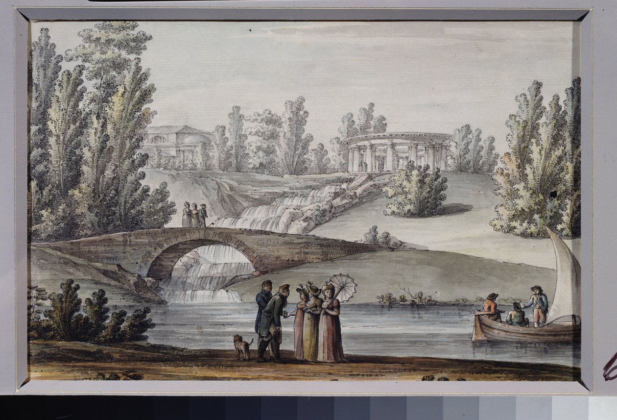 Apolló temploma és a vízesés a Pavlovsk Parkban (Szentpétervár). Giacomo Antonio Domenico Quarenghi (1744-1817) munkája, tus és akvarell papíron, 1800 körül. Olasz művészet alkotó: Giacomo Quarenghi