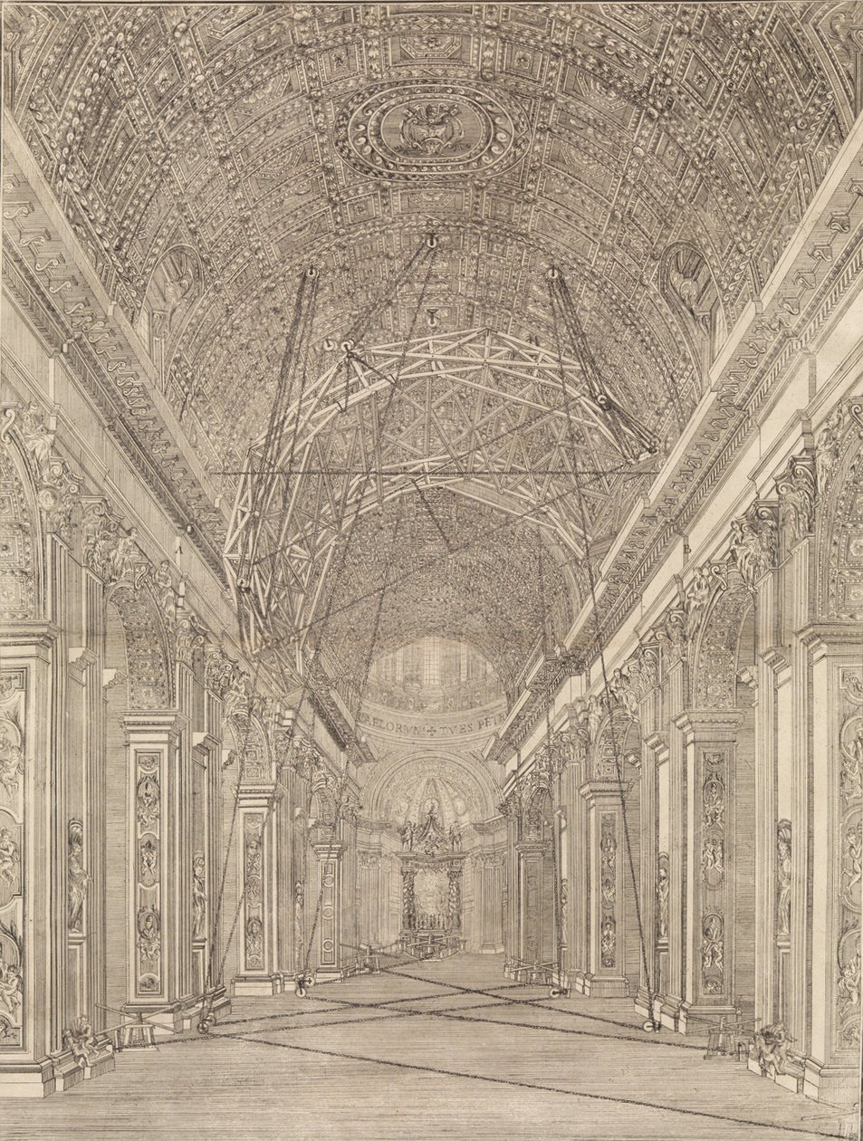 A Szent Péter-bazilika boltozatának helyreállításához állított állványzat: Áttekintés..., kb. 1773. alkotó: Giacomo Sangermano