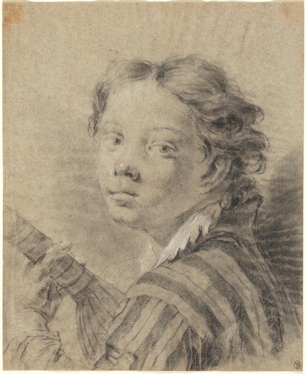 Egy fiú lanttal, 1740 körül (fekete-fehér kréta és szén, kék papíron) alkotó: Giambattista Piazzetta
