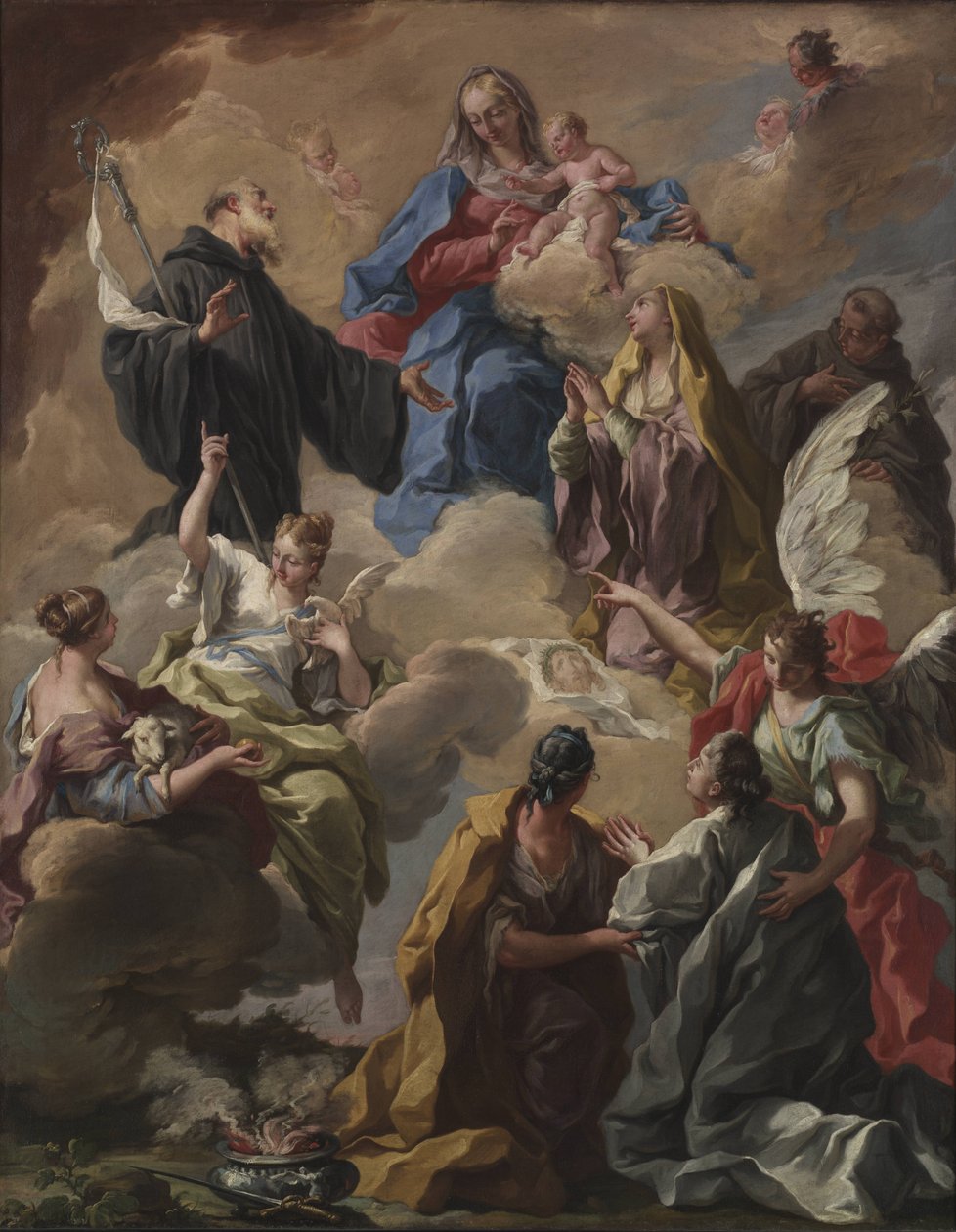 A szentek hithű asszonyt mutatnak be a szűznek és gyermekének alkotó: Giambattista Pittoni