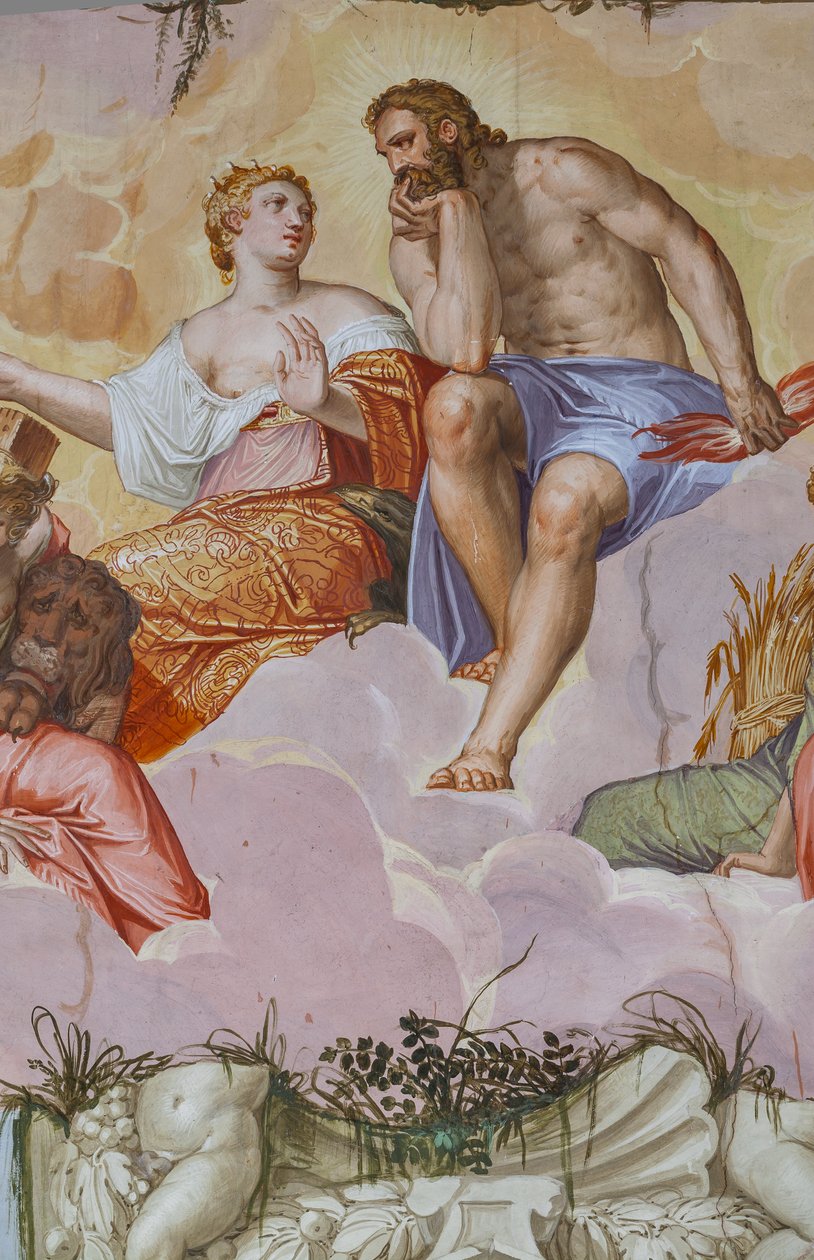 Juno és Jupiter felhőkön hever, építészeti romok felett, az Olimposz termének részlete, 1557 körül (freskó) alkotó: Giambattista Zelotti