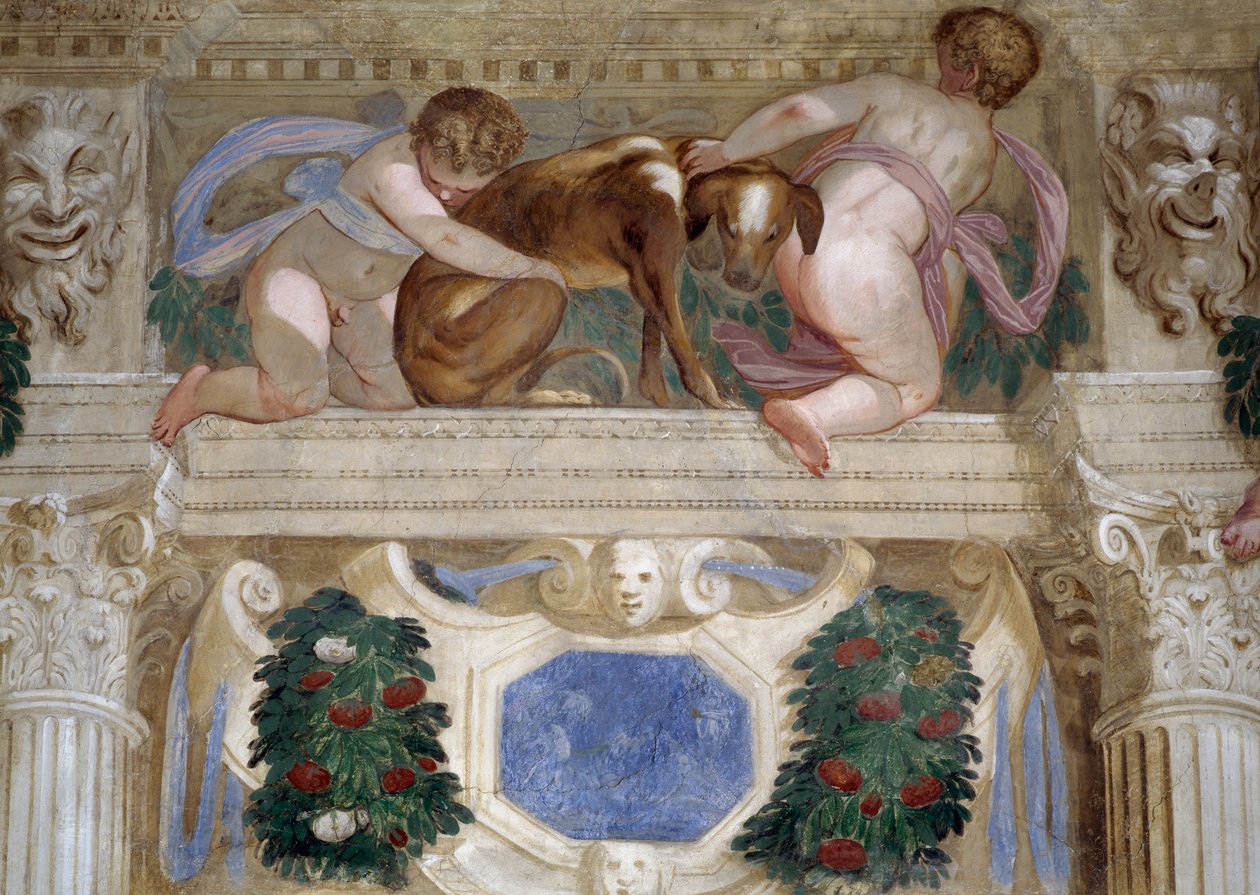 Putti agárral, gyümölcsökkel és mascaronokkal alkotó: Giambattista Zelotti