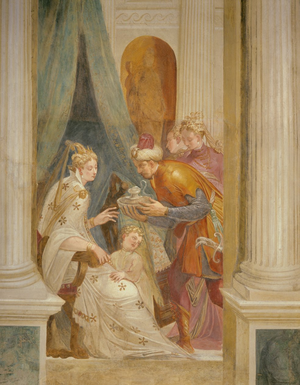 Jobb oldali fal Sophonisbát ábrázoló gyermekével, aki megkapja a következő edény mérget (freskó) alkotó: Giambattista (1526 78) Zelotti