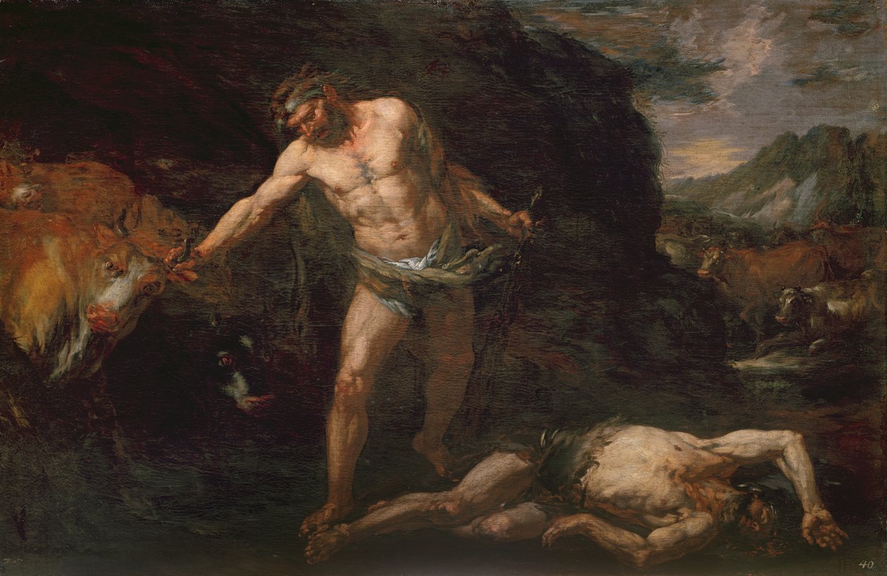Herkules megöli az óriási Cacust, és visszalopja Geryon jószágait alkotó: Giambattista Langetti