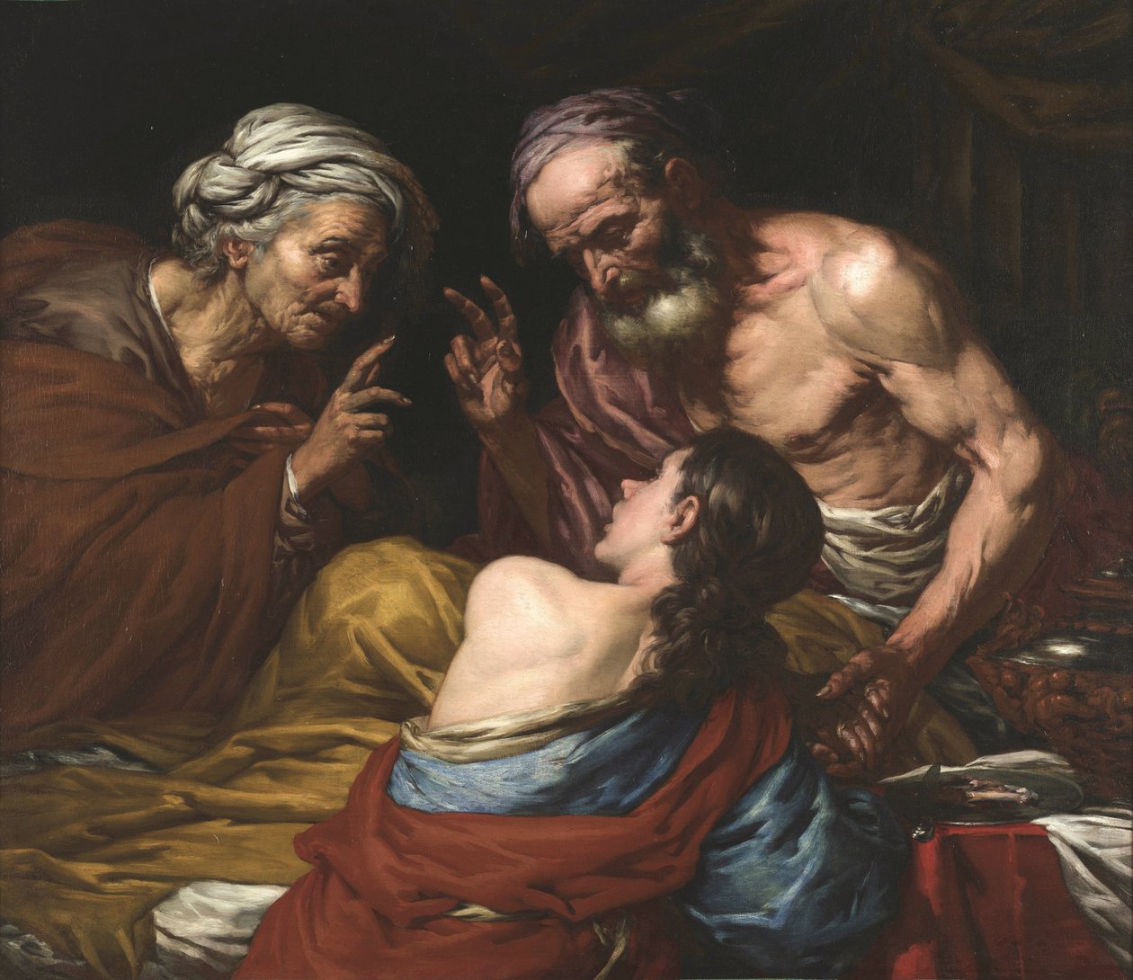 Isaac benit Jacob – Izsák megáldja Jacobot, írta Langetti, Giovan Battista (1635-1676). Olaj, vászon, 1660 és 1670 között. Mérete: 109x126 cm. Muzeul National Brukenthal, Nagyszeben alkotó: Giambattista Langetti