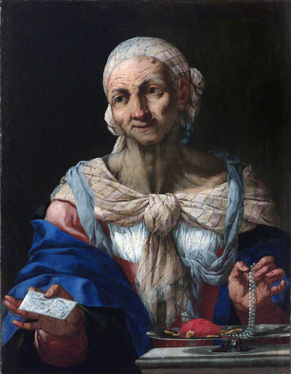 Öregasszony gyöngy nyaklánccal és betűvel (Vanitas) - Öregasszony gyöngy nyaklánccal és betűvel (Vanitas) - Giovan Battista Langetti (1635-1676). Olaj, vászon, kb 1663. Nemzeti Galéria, Prága alkotó: Giambattista Langetti