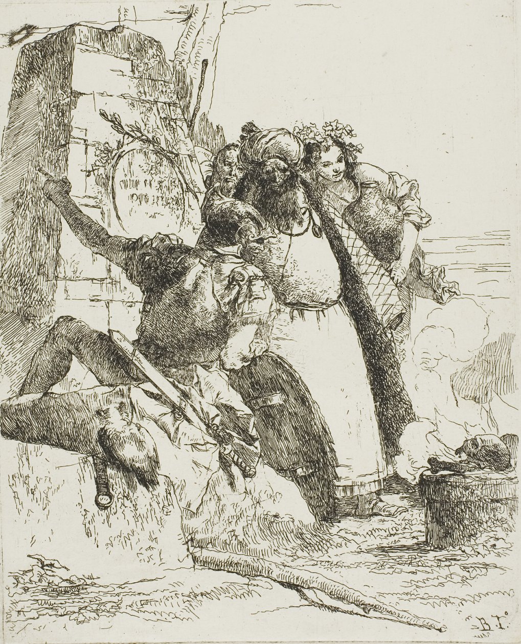Egy varázsló, egy katona és három figura, akik égő koponyát néznek, Scherzitől alkotó: Giambattista Tiepolo