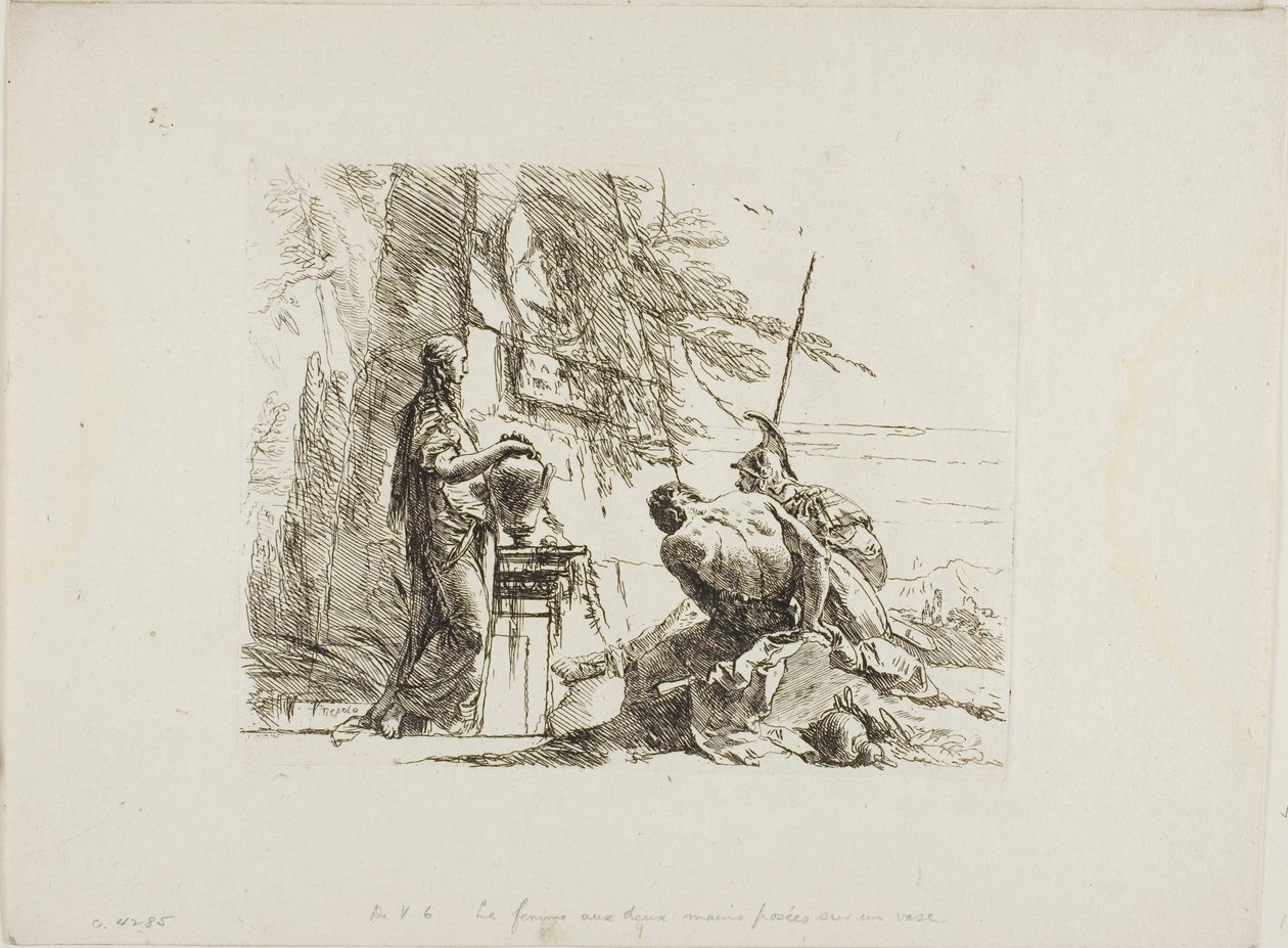 Egy nő kezével vázán, katona és rabszolga, Capriccitől alkotó: Giambattista Tiepolo