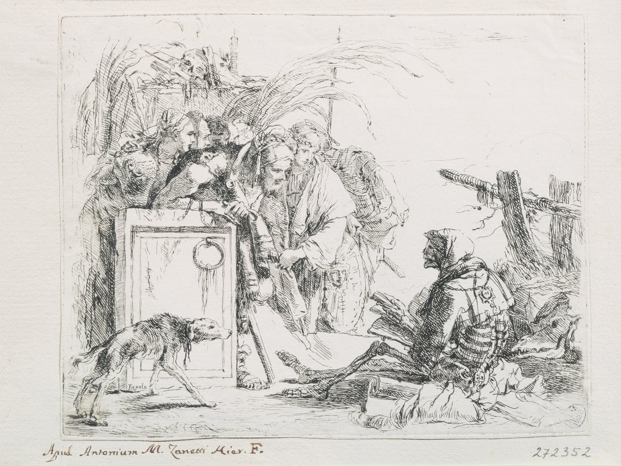 Látogatás a halálnál. A Capriccios sorozatból, 18. század közepe. alkotó: Giambattista Tiepolo