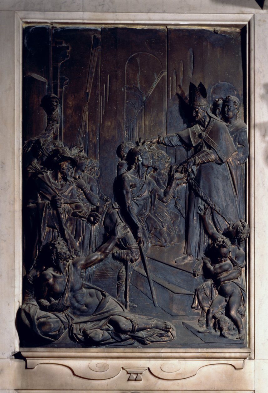 Szent Antal alamizsnát oszt, dombormű a Salviati kápolnából (bronz) alkotó: Giambologna