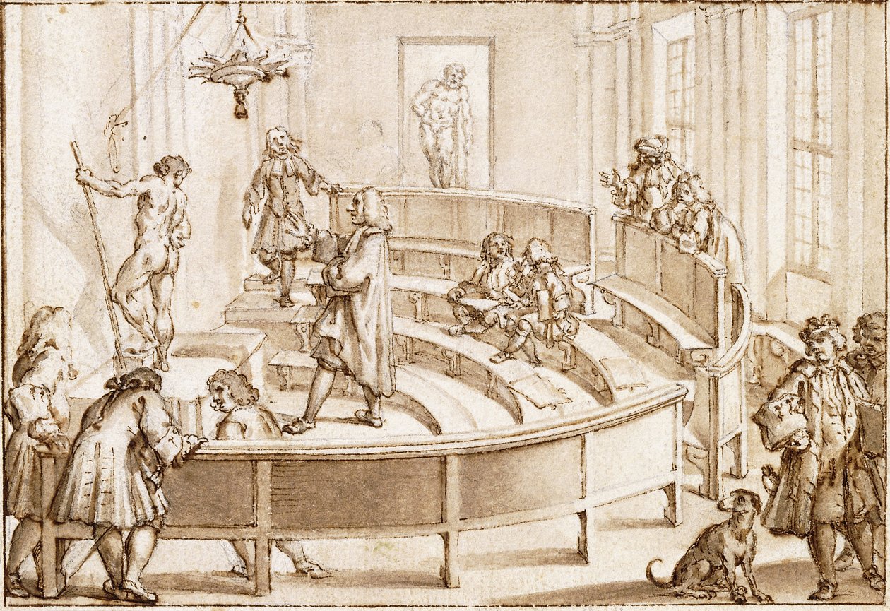 Az Academia Clementina, Bologna, egy meztelen modellt állít a rajzmester, a háttérben a Farnese-Herkules (fekete kréta, toll és barna tinta barna mosással) alkotó: Giampietro Zanotti