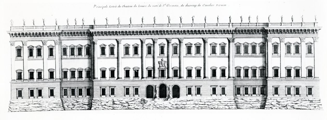 A párizsi Palais du Louvre harmadik projektje: A keleti homlokzat kiemelése és a palota főbejárata a Saint Germain felőli oldalról, 1665 alkotó: Gian Lorenzo Bernini