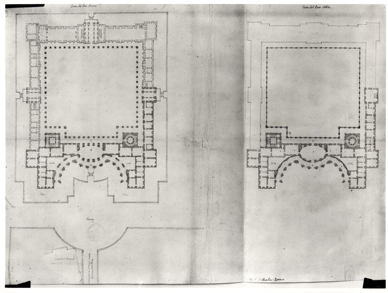 A Louvre első tervének két terve, a "Recueil du Louvre" I. kötetének 3. kötetéből, 1664 (toll és tus, valamint tusfesték és tus, papír) (lásd 164013). alkotó: Gian Lorenzo Bernini