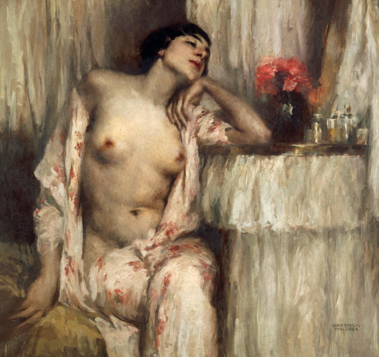 Half-length figure of woman at her toilette (oil on canvas) alkotó: Gian Emilio Malerba