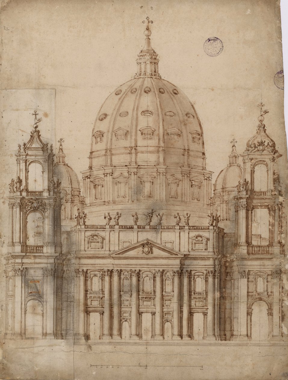 Alternatív javaslat a vatikáni Szent Péter-bazilika homlokzatára par Bernini, Gianlorenzo (1598-1680). Toll, ecset, akvarell, indiai tinta papíron alkotó: Gian Lorenzo Bernini