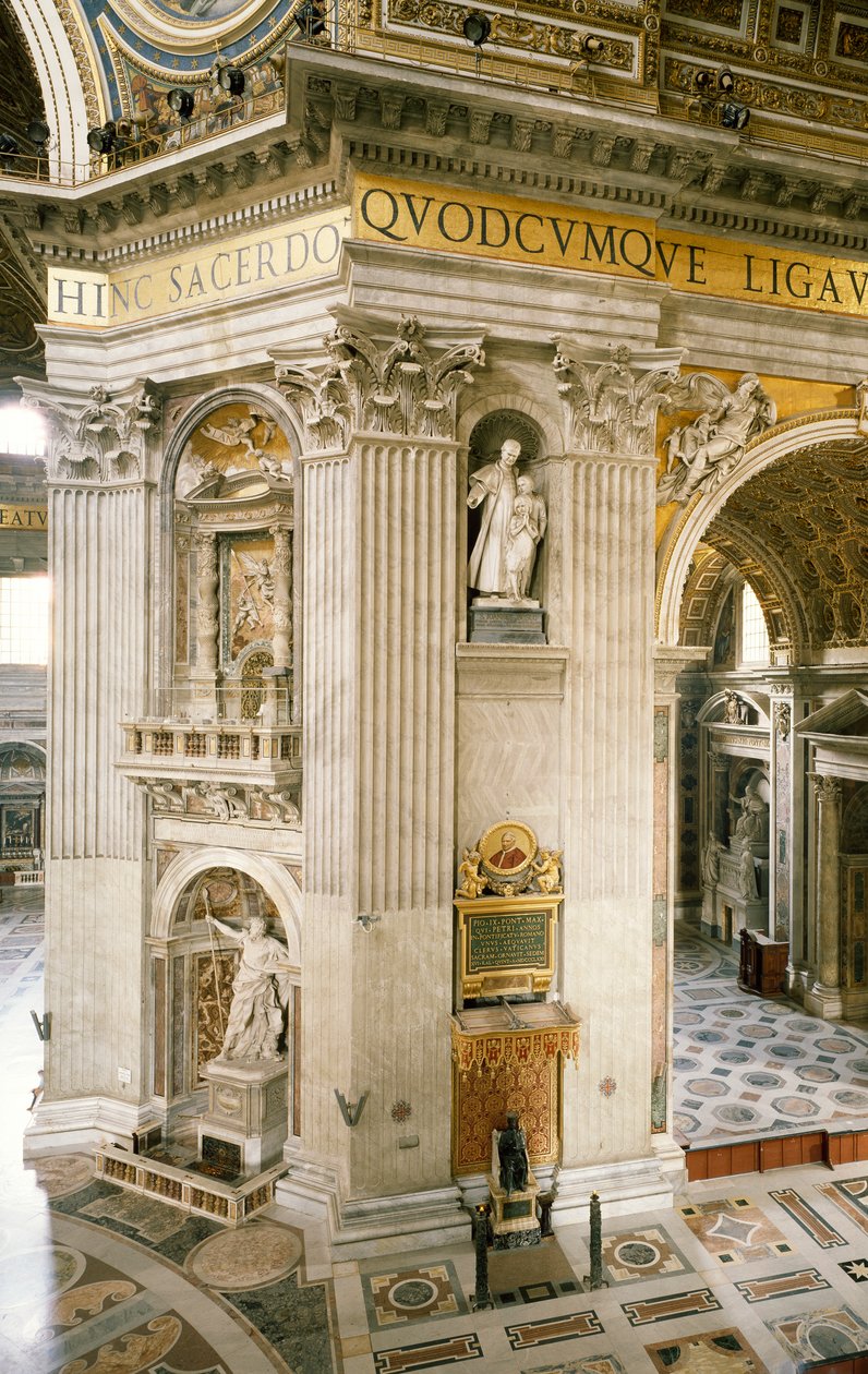 Gian Lorenzo Bernini (1598-1680) díszítései a jobb oldali első oszlopon, a Szent Péter-bazilika kupolájának négy oszlopának egyike, Róma, Vatikánváros alkotó: Gian Lorenzo Bernini