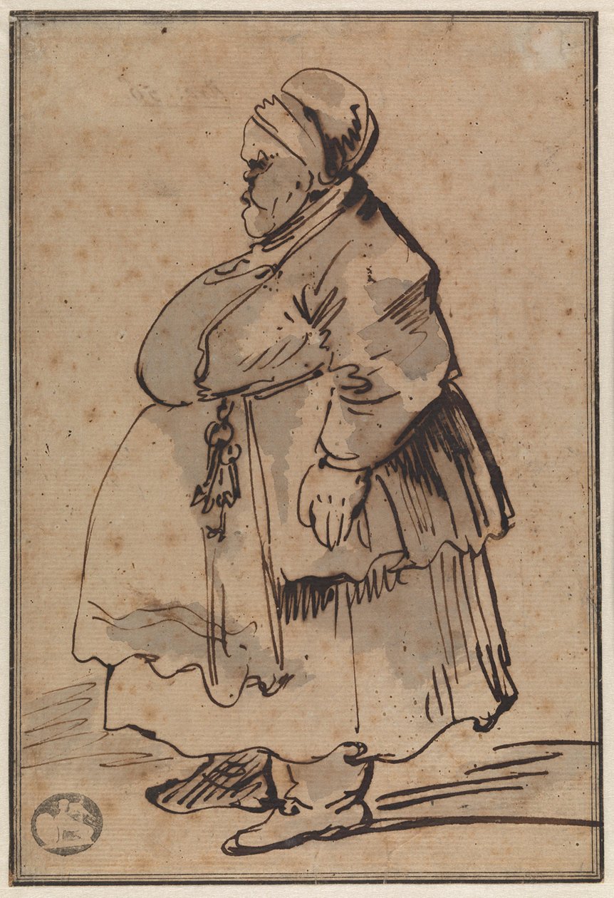 Kövér nő karikatúrája bal profilból, kötényének derekára kötött kulcscsomóval, más néven „a házmesterné” alkotó: Gian Lorenzo Bernini