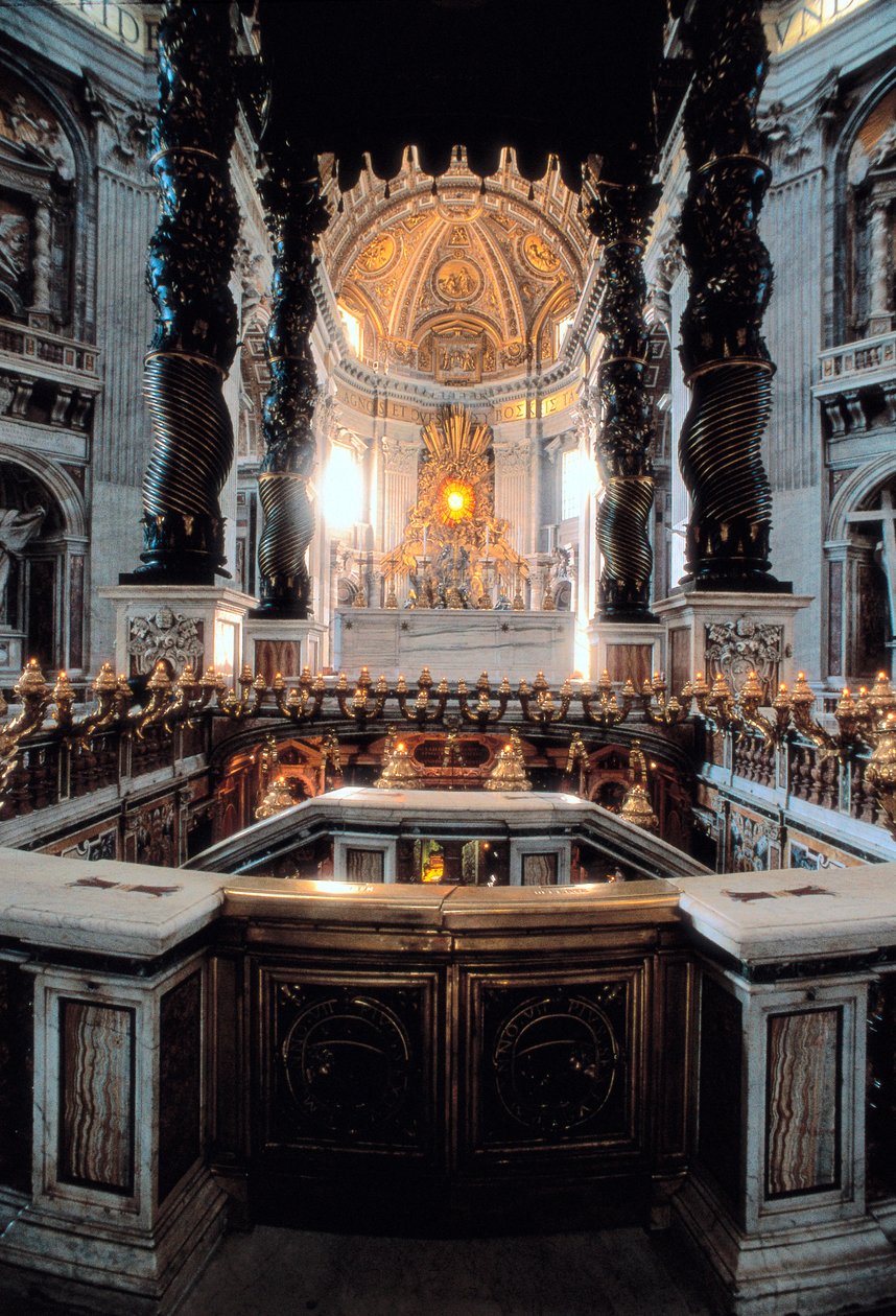 A Gian Lorenzo Bernini (Bernini) által tervezett mesteroltár lombkorona, a római Szent Péter-bazilika (Basilica San Pietro) kilátása. Olaszország alkotó: Gian Lorenzo Bernini