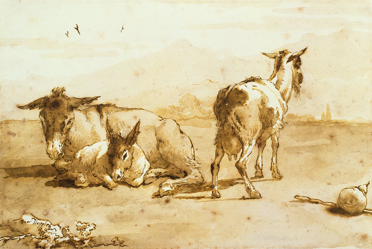 PD.32-1959 Két szamár és egy kecske tájképben (toll és barna tinta, mosással, papír) alkotó: Giovanni Domenico Tiepolo