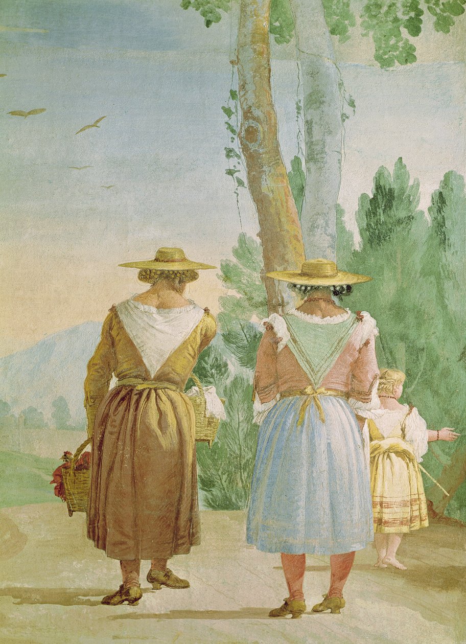 Két parasztasszony és egy gyerek hátulról, a „Foresteria”-ból (vendégház) 1757 alkotó: Giovanni Domenico Tiepolo